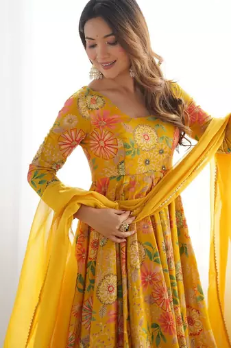 Mustard floral anarkali with palazzo set