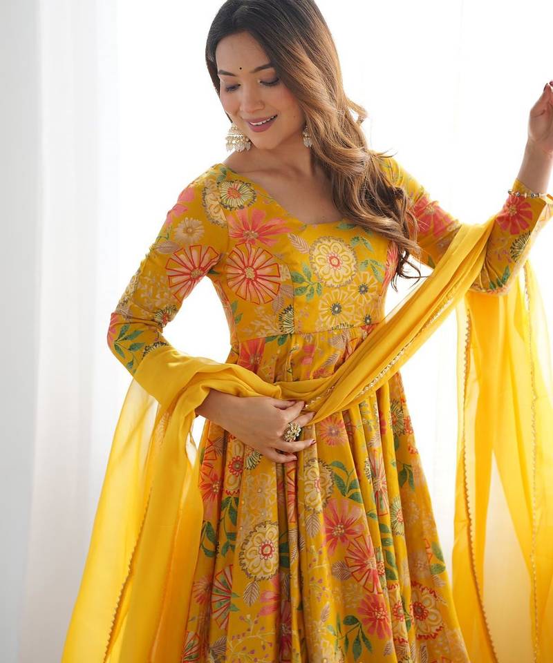 Mustard floral anarkali with palazzo set