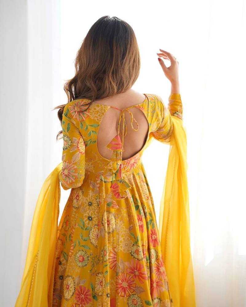 Mustard floral anarkali with palazzo set