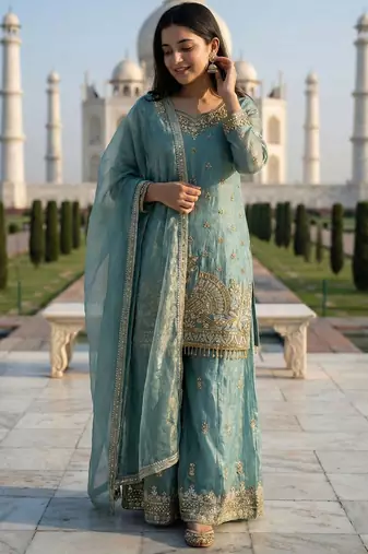 Seafoam green zari embroidered suit