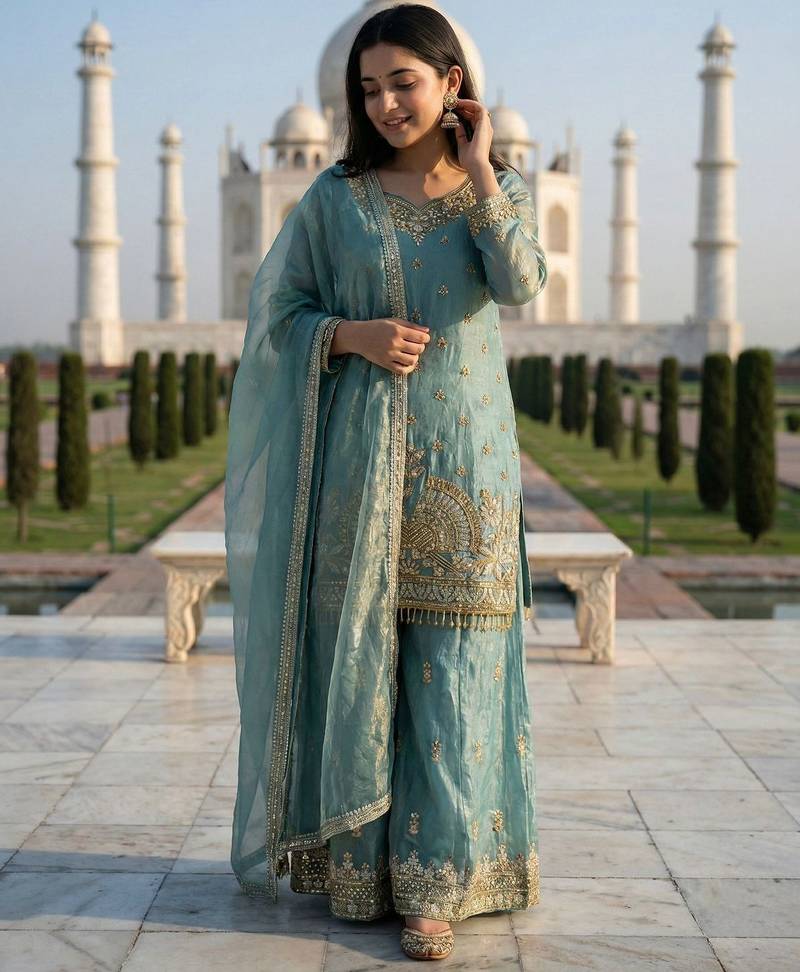 Seafoam green zari embroidered suit
