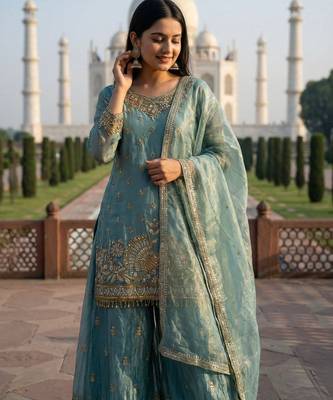 Seafoam green zari embroidered suit 3
