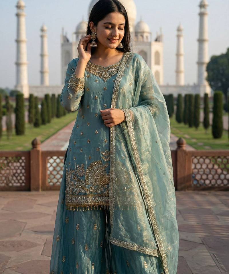 Seafoam green zari embroidered suit