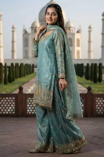Seafoam green zari embroidered suit