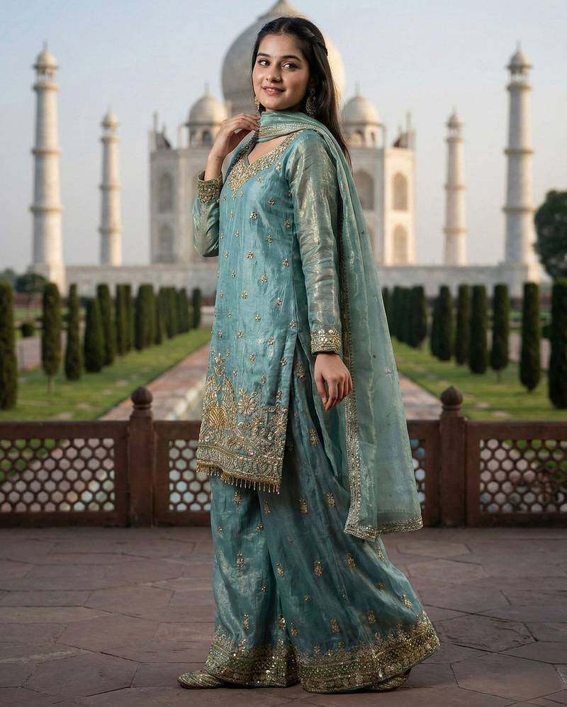 Seafoam green zari embroidered suit