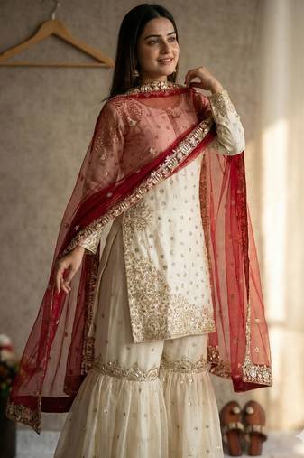 Ivory and maroon sharara set
