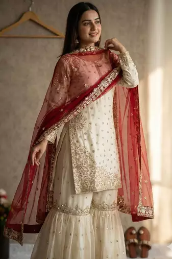Ivory and maroon sharara set