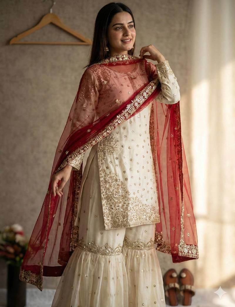 Ivory and maroon sharara set