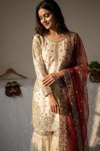 Ivory and maroon sharara set