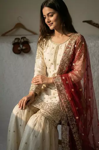 Ivory and maroon sharara set