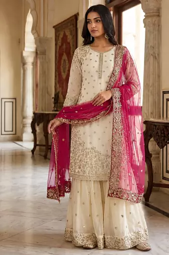 Cream and magenta silk blend sharara