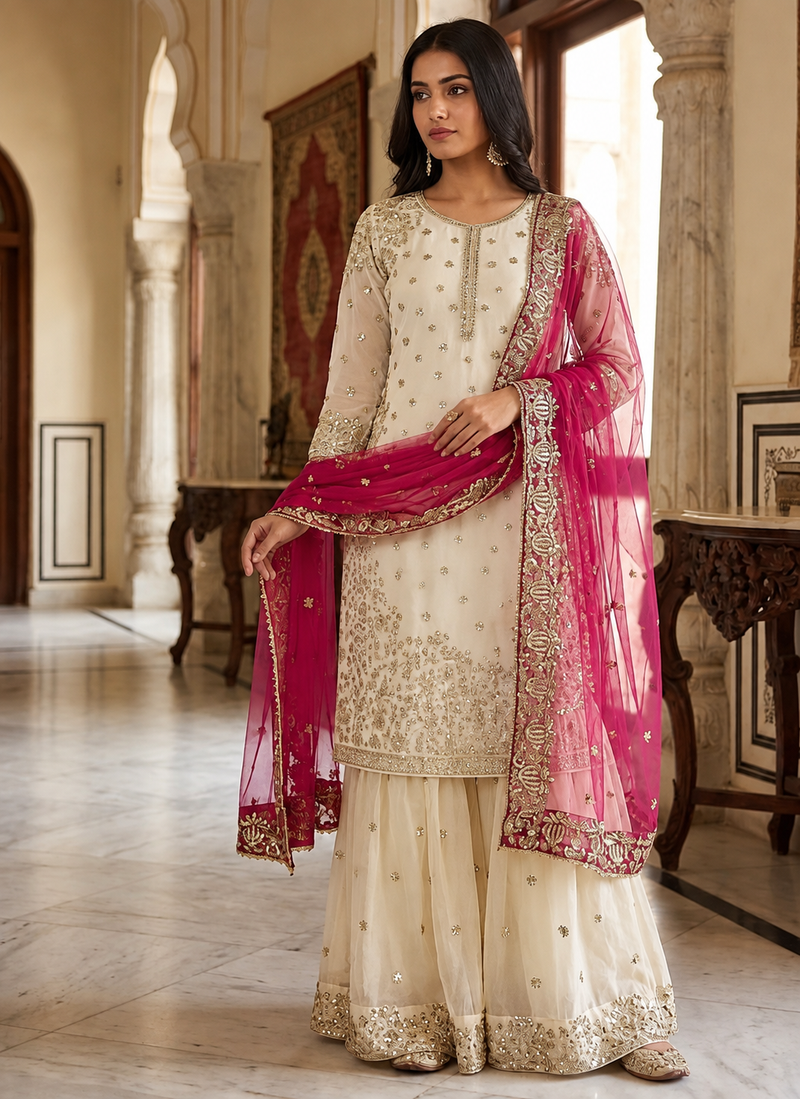 Cream and magenta silk blend sharara