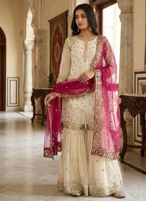 Cream and magenta silk blend sharara 1