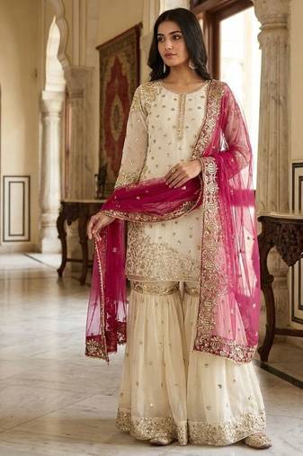 Cream and magenta silk blend sharara