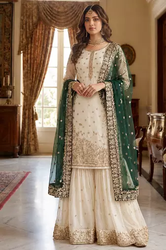 Ivory and emerald green ethnic ensemble