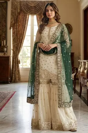 Ivory and emerald green ethnic ensemble