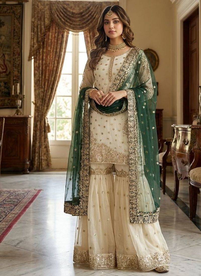 Ivory and emerald green ethnic ensemble