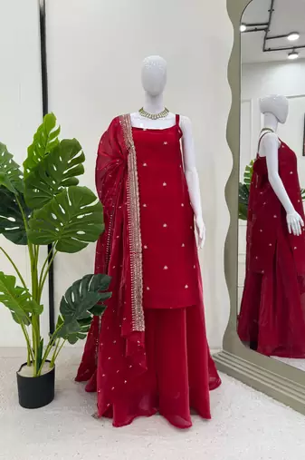 Deep crimson silk blend anarkali set