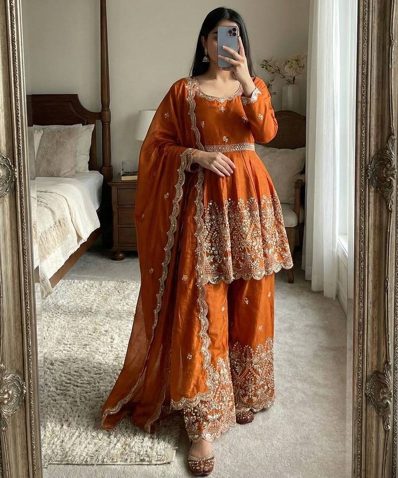 Burnt orange silk blend palazzo  suit