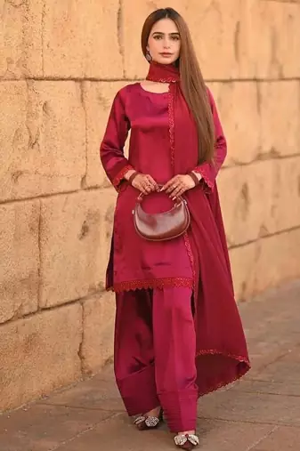 Red french crepe salwar kameez