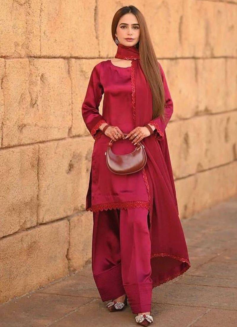 Red french crepe salwar kameez