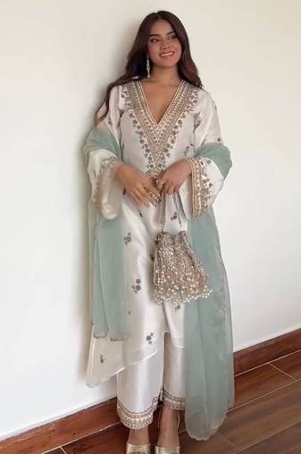 Pearl white v-neck silk blend set