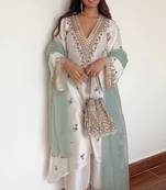 Pearl white v-neck silk blend set