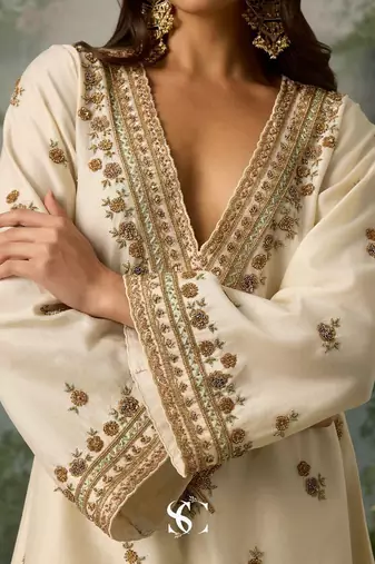 Pearl white v-neck silk blend set