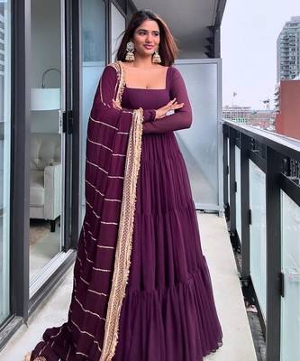 Deep wine georgette tiered gown 1