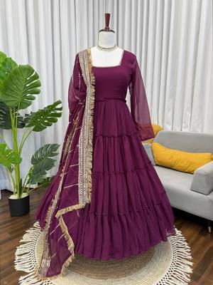 Deep wine georgette tiered gown 2