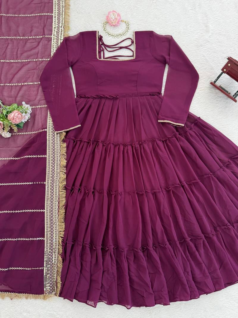 Deep wine georgette tiered gown