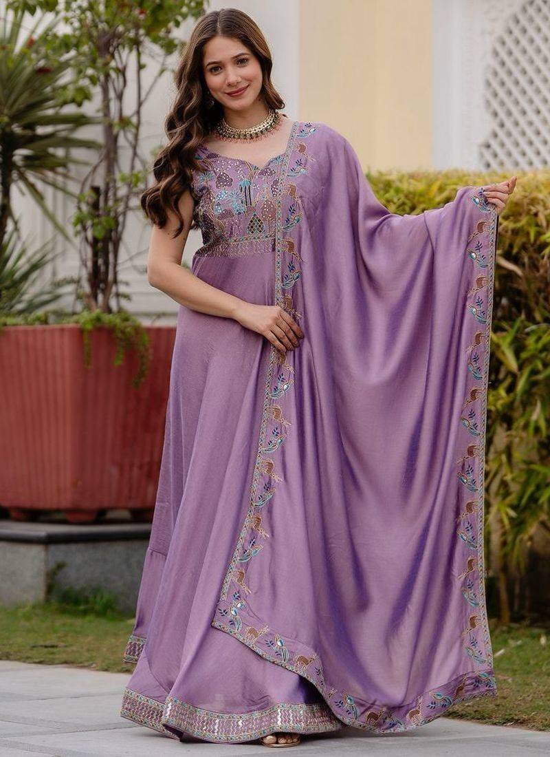 Lavender silk blend embroidered anarkali