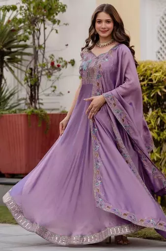 Lavender silk blend embroidered anarkali