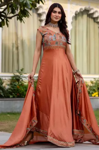 Rust orange silk blend embroidered suit