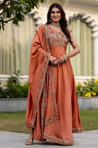 Rust orange silk blend embroidered suit
