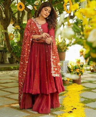 Ruby red tiered anarkali set 1
