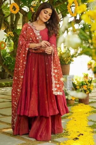 Ruby red tiered anarkali set
