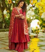 Ruby red tiered anarkali set