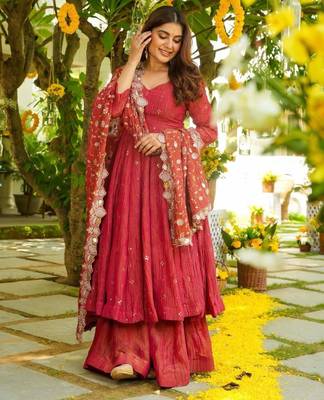Ruby red tiered anarkali set 2
