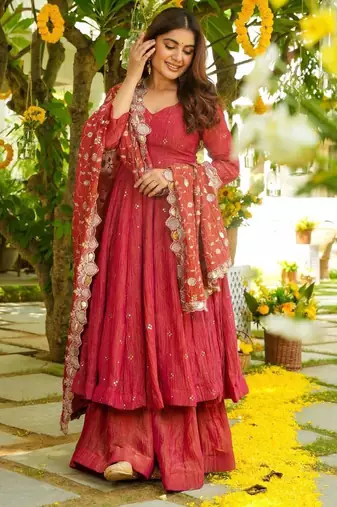 Ruby red tiered anarkali set