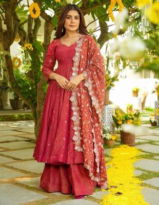 Ruby red tiered anarkali set 3