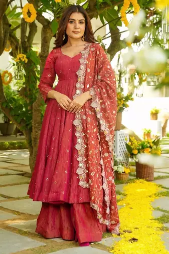 Ruby red tiered anarkali set
