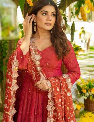 Ruby red tiered anarkali set 4