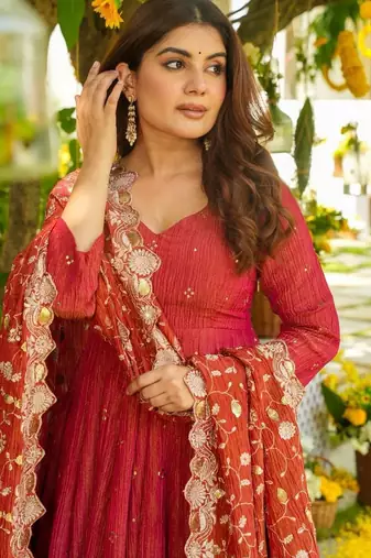 Ruby red tiered anarkali set