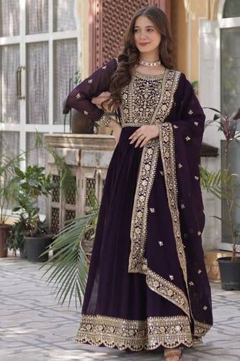Wine georgette embroidered gown with dupatta