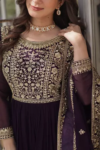 Wine georgette embroidered gown with dupatta