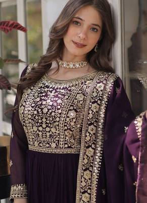 Wine georgette embroidered gown with dupatta 4