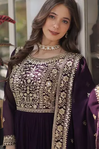 Wine georgette embroidered gown with dupatta