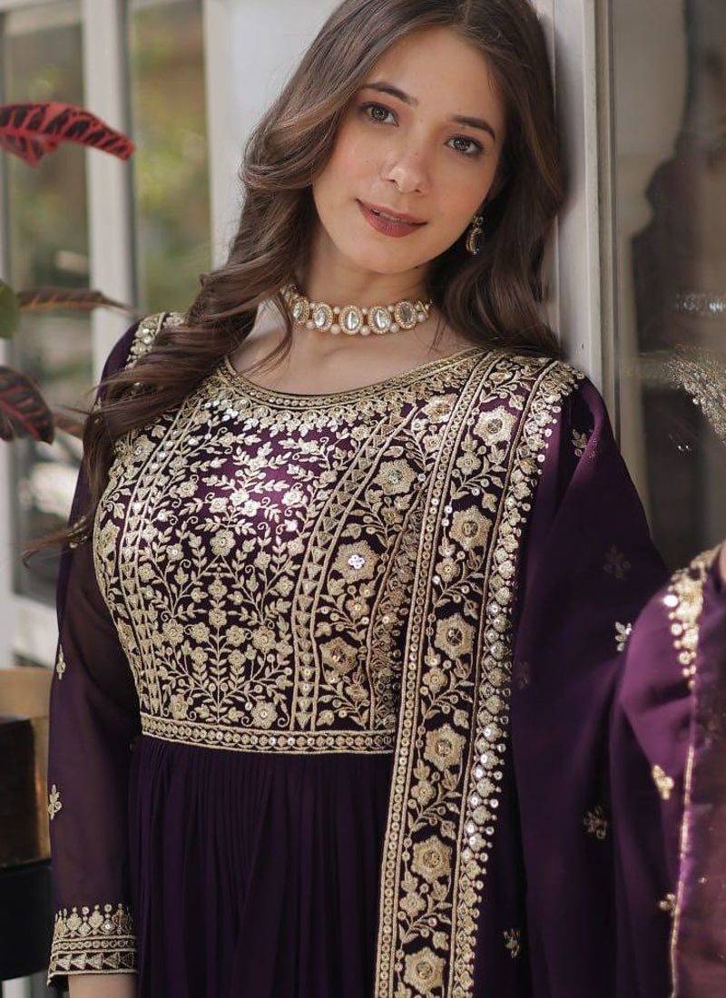 Wine georgette embroidered gown with dupatta