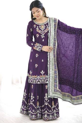 Deep purple embroidered gharara suit